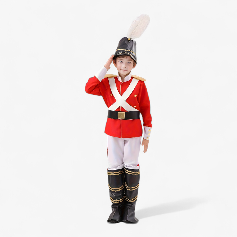 Elegantes Soldatenoutfit für Kinder – Inklusive rotem Mantel, schwarzen Stiefeln und gefiederter Mütze-Meine Verkleidungskiste
