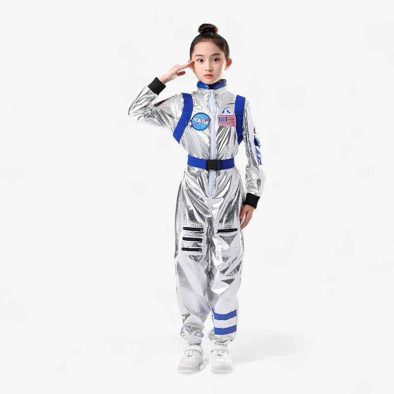 Astronautenkostüm für Kinder – Glänzender Silber-Jumpsuit mit NASA-Logo-Meine Verkleidungskiste
