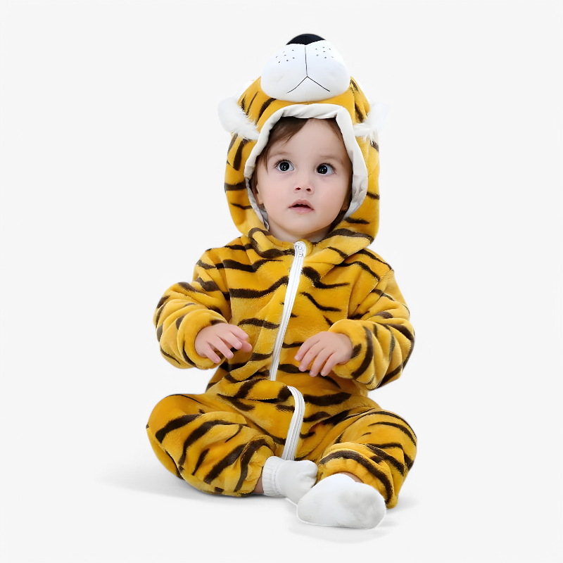 Süßes Tiger Baby-Overall – Flanell-Romper mit Ohren und Schwanz für Babys-Meine Verkleidungskiste