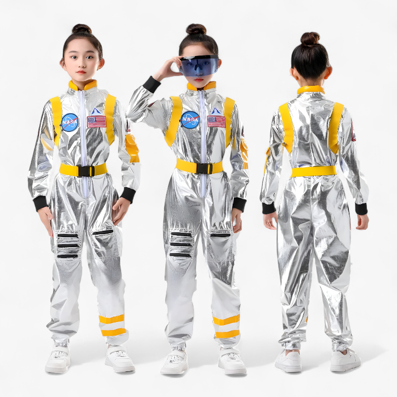 Astronautenkostüm für Kinder – Glänzender Silber-Jumpsuit mit NASA-Logo-Meine Verkleidungskiste