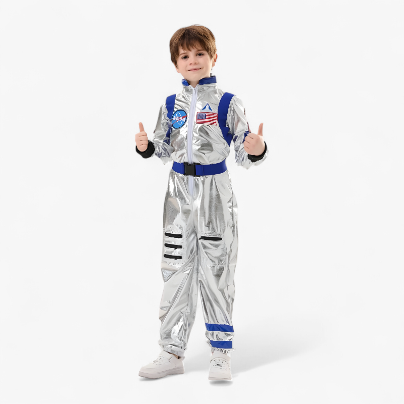 Astronautenkostüm für Kinder – Glänzender Silber-Jumpsuit mit NASA-Logo-Meine Verkleidungskiste