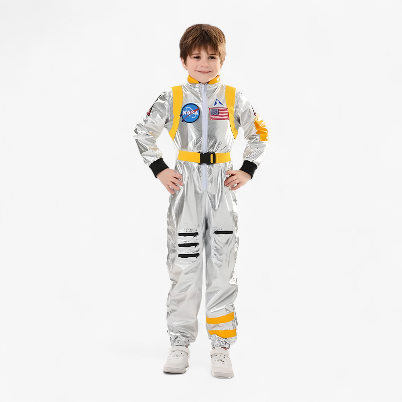 Astronautenkostüm für Kinder – Glänzender Silber-Jumpsuit mit NASA-Logo-Meine Verkleidungskiste