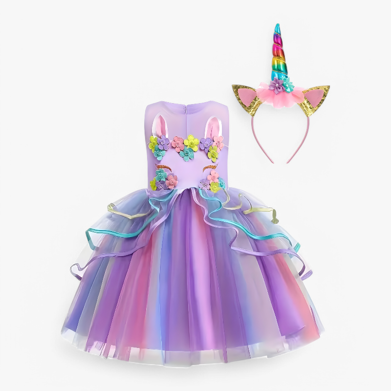 Fantastisches Einhorn Prinzessinnenkleid – Mit Blumen und Buntem Tüll-Meine Verkleidungskiste