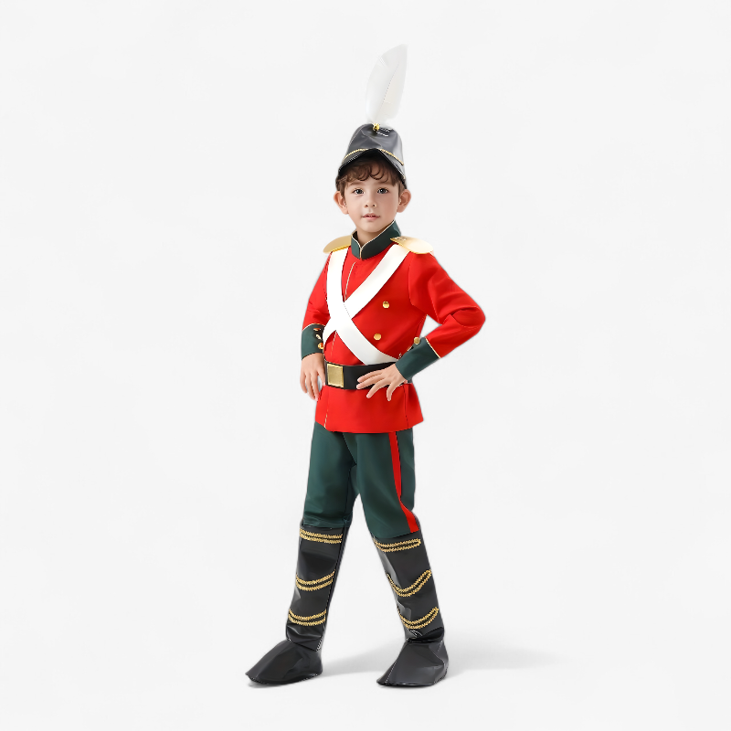 Elegantes Soldatenoutfit für Kinder – Inklusive rotem Mantel, schwarzen Stiefeln und gefiederter Mütze-Meine Verkleidungskiste