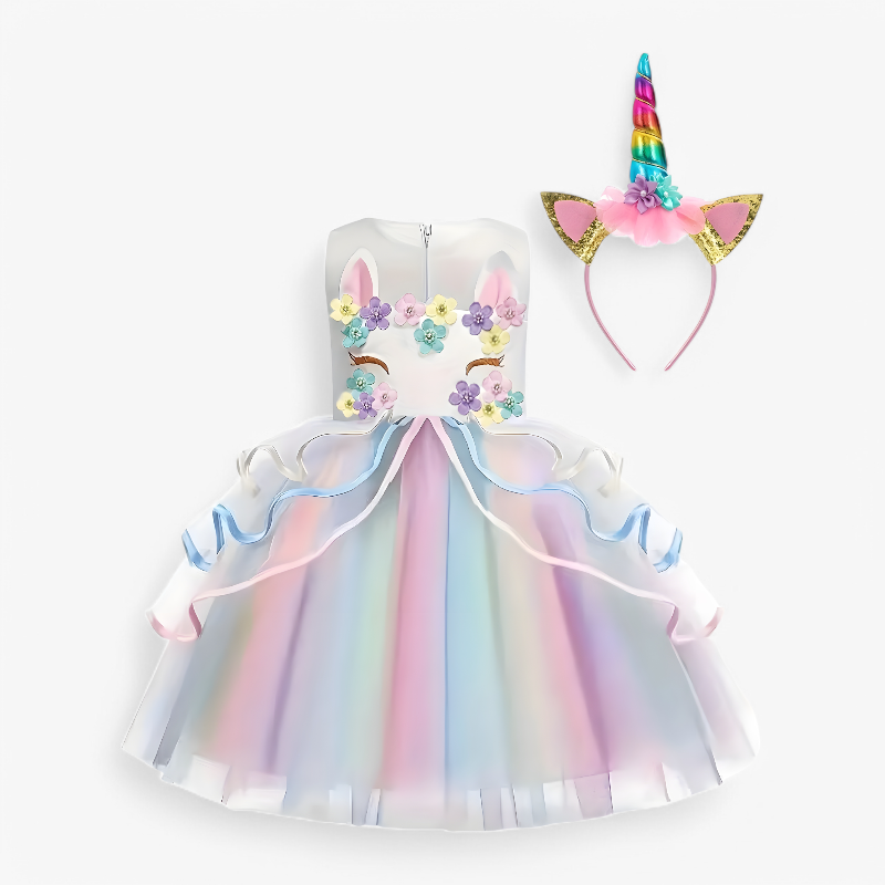 Fantastisches Einhorn Prinzessinnenkleid – Mit Blumen und Buntem Tüll-Meine Verkleidungskiste