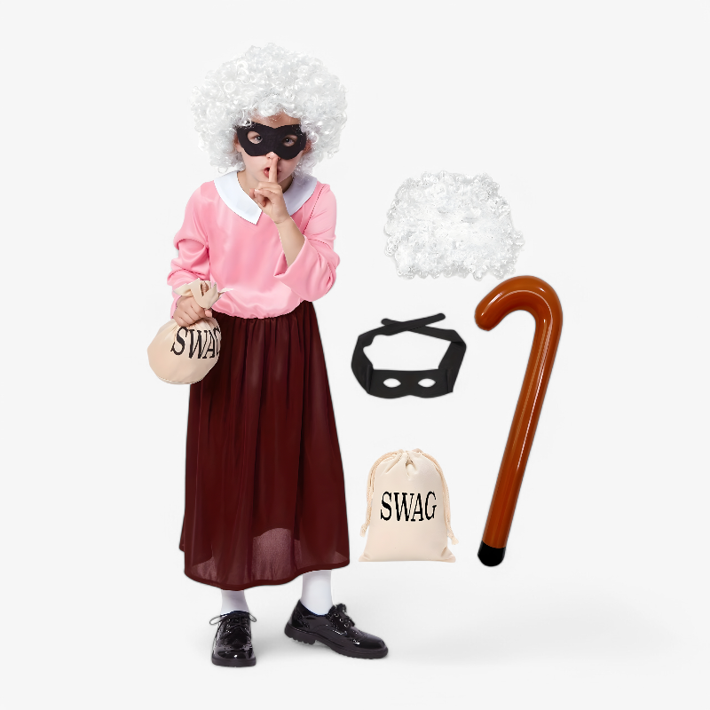 Alte Dame Dieb Kostüm für Kinder – Inklusive Perücke, Maske, Stock und Tasche-Meine Verkleidungskiste