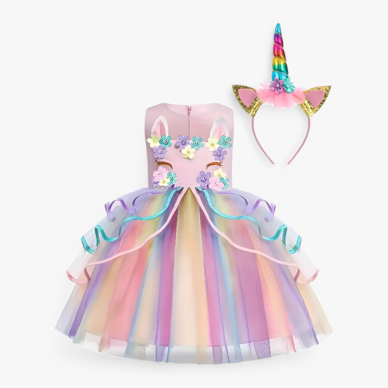 Fantastisches Einhorn Prinzessinnenkleid – Mit Blumen und Buntem Tüll-Meine Verkleidungskiste