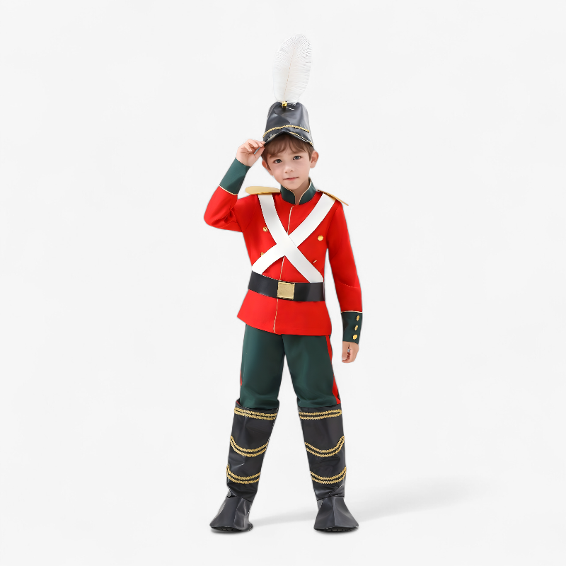 Elegantes Soldatenoutfit für Kinder – Inklusive rotem Mantel, schwarzen Stiefeln und gefiederter Mütze-Meine Verkleidungskiste