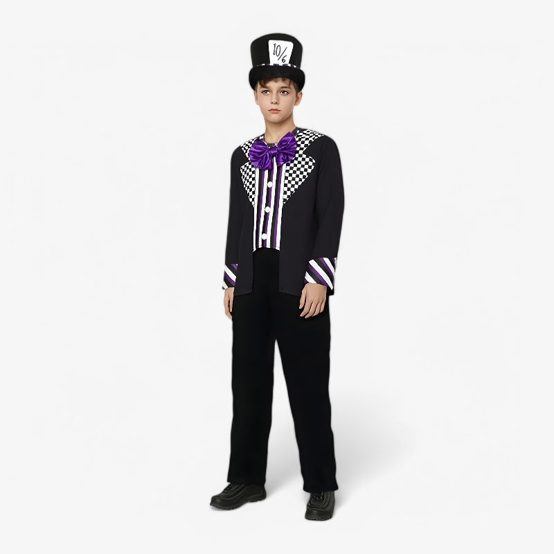 Fröhliches Clownskostüm für Jungen – Schwarz mit lila Akzenten, Hut und Fliege-Meine Verkleidungskiste
