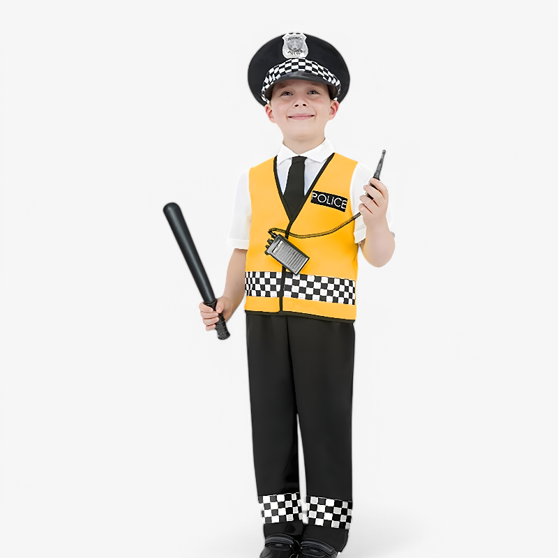 Polizeikostüm für Kinder – Gelbe Weste, Karierte Akzente und Hut mit Zubehör-Meine Verkleidungskiste